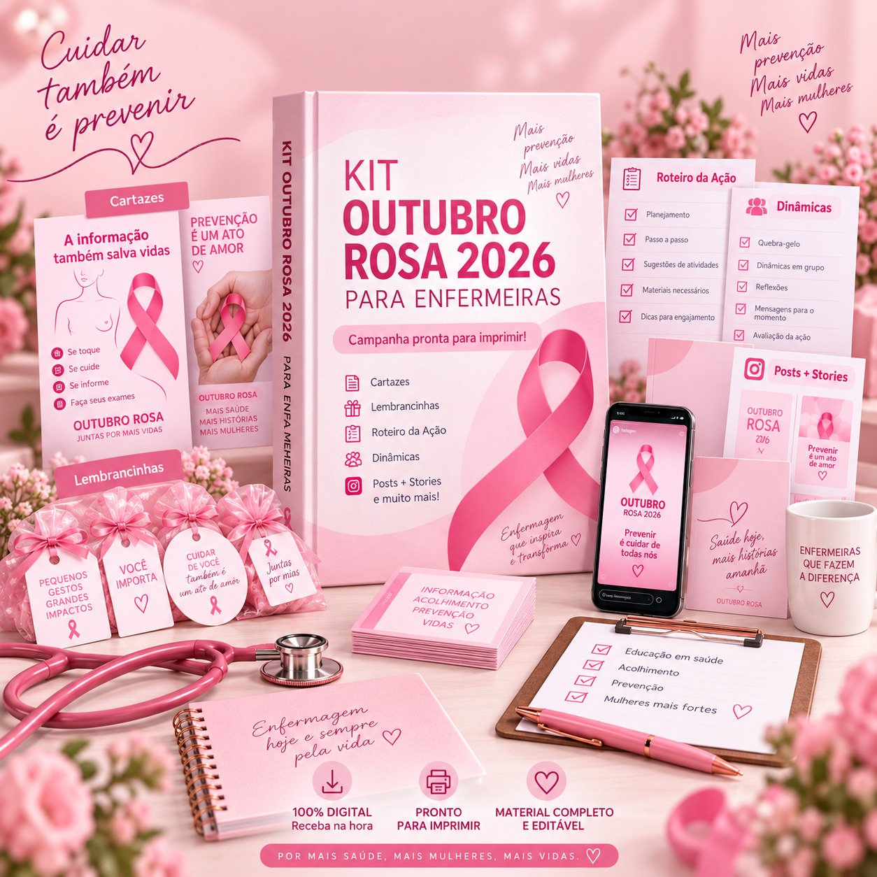 Kit Outubro Rosa 2026 para Enfermeiras: livro do kit, cartazes, lembrancinhas com tags, roteiro da acao, dinamicas, cards para Instagram, checklist e caneca, tudo em tons de rosa